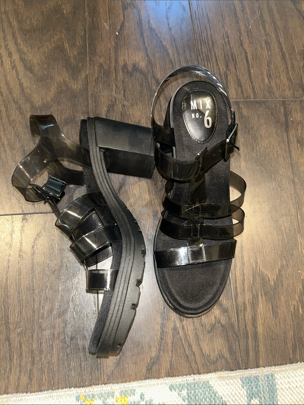 Mix No. 6 Glossy Black Clear-Strap Block Heel Sandals